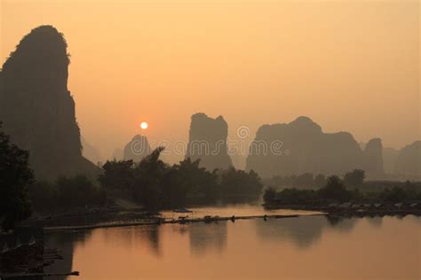 Sunrise Landscape of Guilin Karst Mountains. Yangshuo, Guilin, Guangxi, China. Stock Photo ...