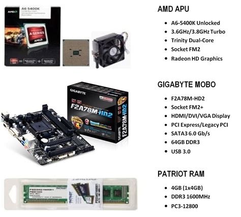 AMD A6-5400K 3.6GHz APU + GIGABYTE F2A78M-HD2 MOBO + PATRIOT 4GB ...