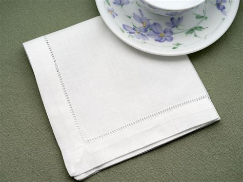1 Dozen White Hemstitched Linen Tea Napkins - 12 inch
