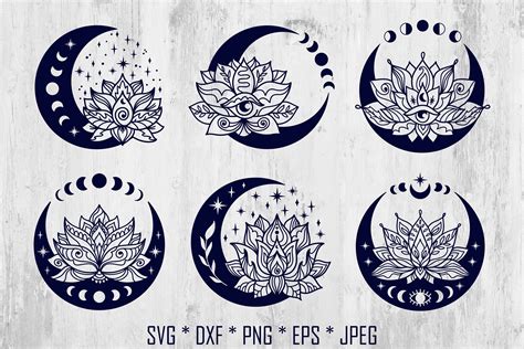 Drawing & Illustration Floral magic celestial clipart Lotus Mandala Print Blooming Lotus Moon ...