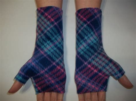 Fleece Fingerless Gloves Blue and Pink Plaid Print - Etsy
