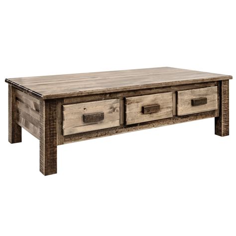 Rustic Pine Coffee Table w/ 6 Drawers - Sisters Log Furniture