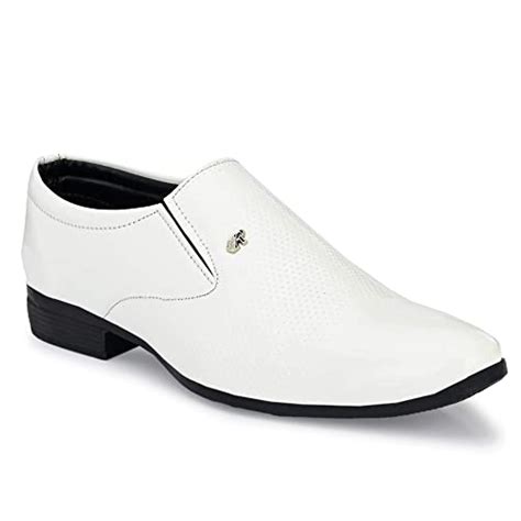 GELLWOJ Men's White Formal Shoes Black Synthetic Leather Formal Slip on ...