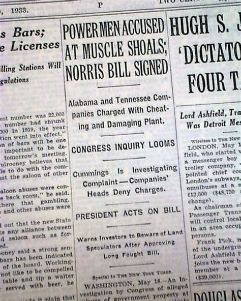 TENNESSEE VALLEY AUTHORITY ACT Franklin D. Roosevelt FDR Signs 1933 Newspaper