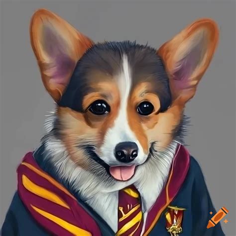 Hyper detailed drawing of a corgi in a gryffindor uniform