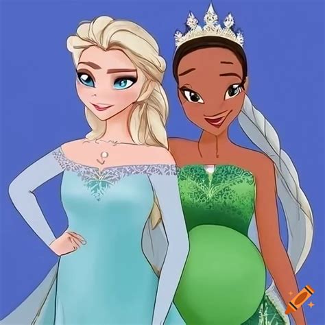 Digital art of elsa and pregnant tiana hugging on Craiyon