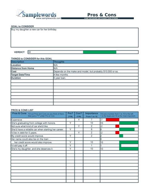 Pros And Cons Excel Template