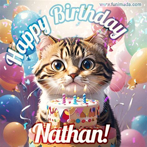 Happy birthday gif for Nathan with cat and cake | Funimada.com