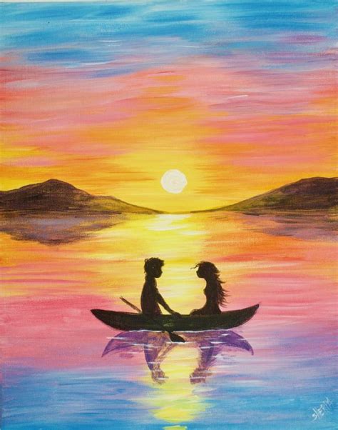 a painting of two people in a boat at sunset