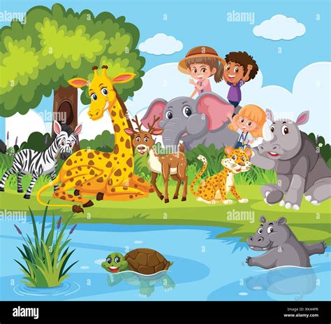 Animals and people near pond illustration Stock Vector Image & Art - Alamy