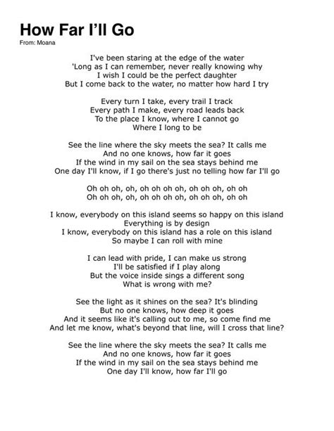 Moana How Far I'll Go Lyrics Printable