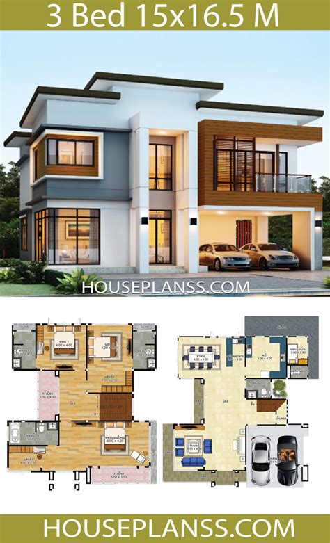 House design idea 15x16.5 with 3 bedrooms - House Plans 3D