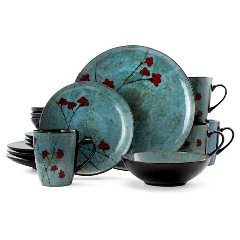 Elama Floral Accents 16 Piece Stoneware Dinnerware Set in Blue - Walmart.com