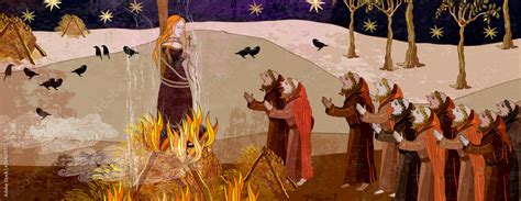 Medieval scene. Inquisition. Burning witches. Monks at a fire with the ...