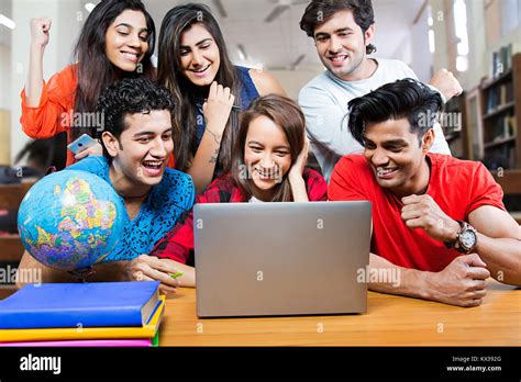 Indian Group College Students Laptop Study In Classroom Education ...