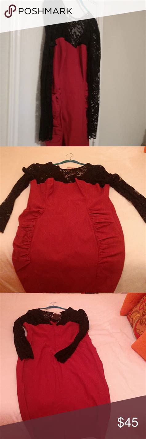 Dark Crimson Red Dress w/Black Lace Sleeves | Wear red dress, Red dress ...