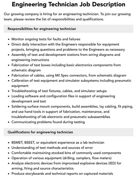 Engineering Technician Job Description | Velvet Jobs