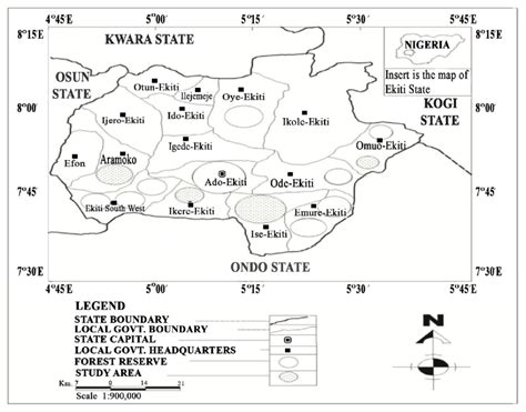 Map of Ekiti State showing the study area. Source: forestry department,... | Download Scientific ...