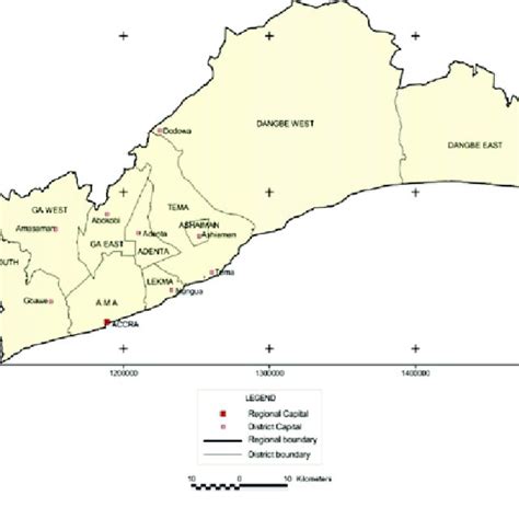 Map of the Greater Accra Region showing metropolitan, municipal and ...