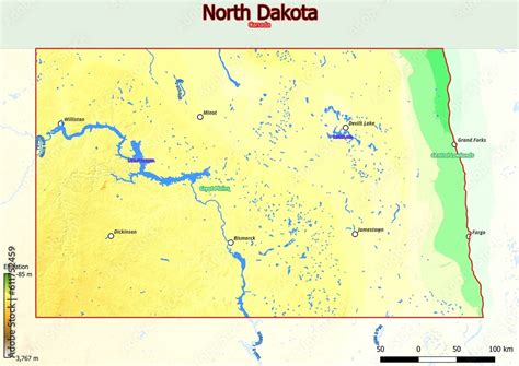 Physical map of North Dakota with mountains, plains, bridges, rivers ...