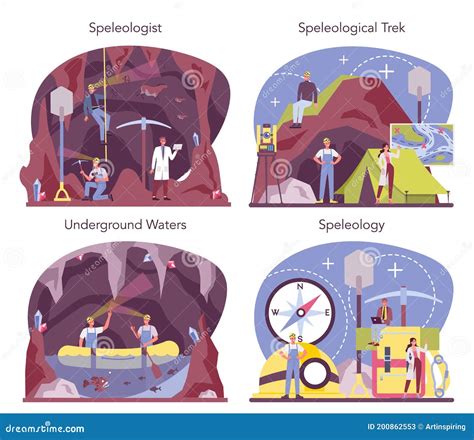 Speleologist Concept Set. Scientst Exploring Deep Cave with Special ...