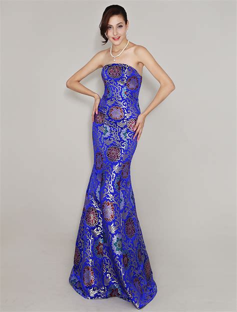 Mermaid Blue Sweetheart Neck Floor-Length Print Satin Evening Dress - Milanoo.com