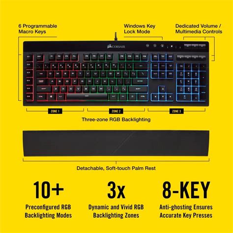 Corsair K55 RGB Gaming Keyboard with detachable palm rest, 6 Macro Keys and IP42