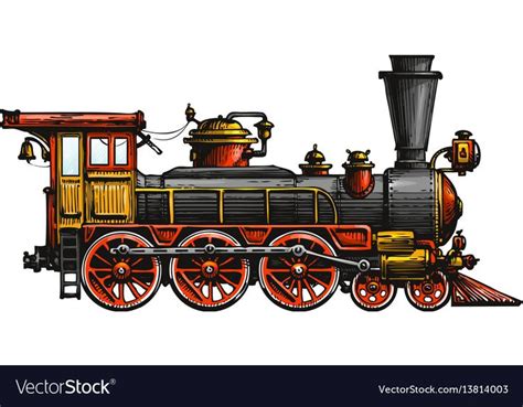Vintage steam locomotive. Drawn ancient train, transport. Vector illustration isolated on white ...
