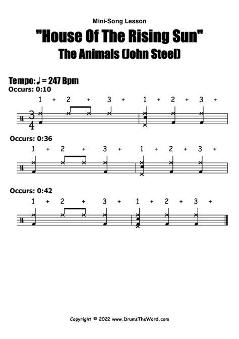 Free drum sheet music teaching the classic "House Of The Rising Sun" by ...