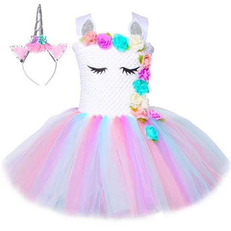 Flower Girls Unicorn Tutu Dress Pastel Rainbow Princess Girls Birthday Party Dress Children Kids ...