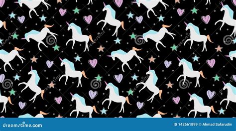 Hand Drawn Seamless Vector Pattern with Cute Unicorns. Repetitive Wallpaper on Dark Black ...