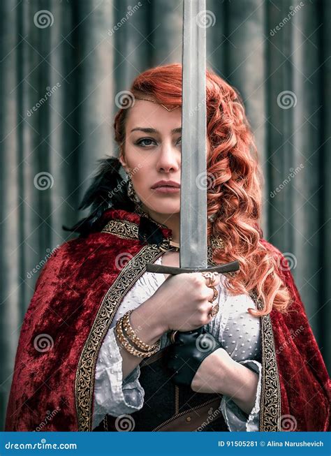 Warrior Woman with Sword in Medieval Clothes Portrait Stock Image ...