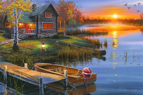 NEW Lake Cabin Lodge LED Light Up Wall Art Canvas Picture Home Office ...