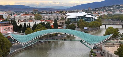 The Bridge of Peace is a bow-shaped pedestrian bridge over the Mtkvari River in Tbilisi, capital ...