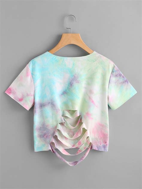 Slashed Back Pastel Tie Dye Tee -SheIn(Sheinside)