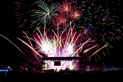 Colorful Vivid Fireworks Over the Stage of a Concert - Dynamite Fireworks