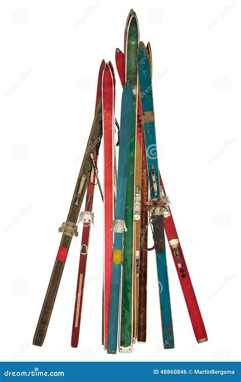 Vintage Collection of Used Skis Isolated on White Stock Photo - Image ...