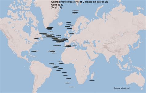 Approximate locations of U-boats on patrol, 29 April 1943 - the climax of the Battle of the ...