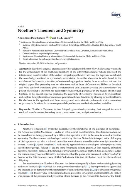 (PDF) Noether's Theorem and Symmetry