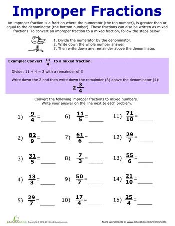 Improper Fractions | Education.com | Fractions worksheets, Improper fractions, Math methods