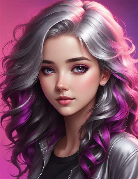 Silver Hair Magenta Gradient Girl - ArtMozai