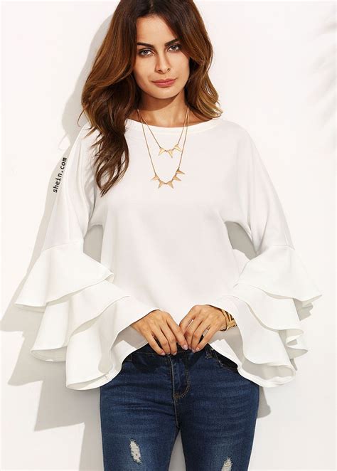 White Round Neck Ruffle Long Sleeve Blouse | Ladies tops fashion, Fashion tops, Workwear fashion