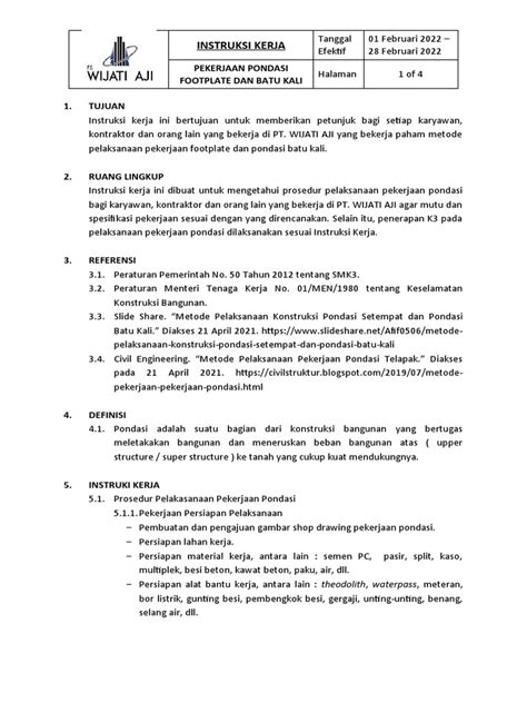 Instruksi Kerja Pondasi Footplate | PDF