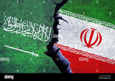 Saudi Arabia vs Iran flags on a wall with a crack. Iran and Saudi Arabia cold war, economy ...