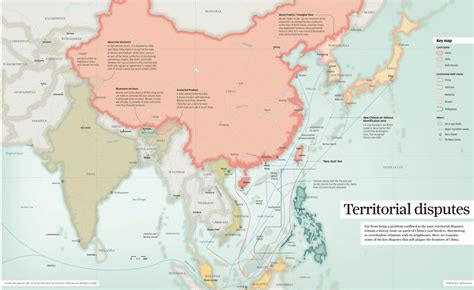 Infographic map showing all territorial disputes between China and its neighbors. South China ...