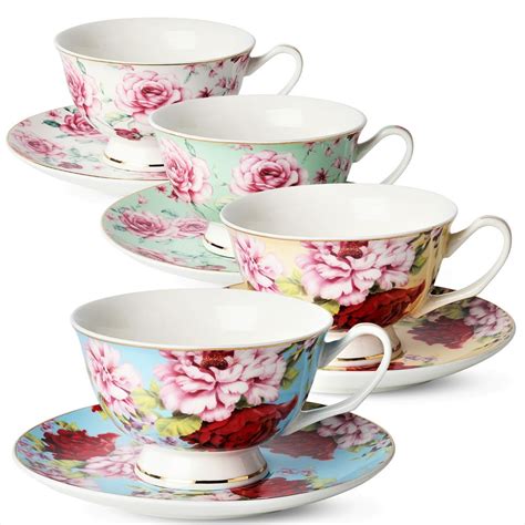 Tea / Coffee Cups and Saucers, Set of 4 (8 piece, 4 cups and 4 saucers ...