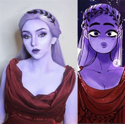 two different pictures of the same woman with purple hair and blue eyes ...