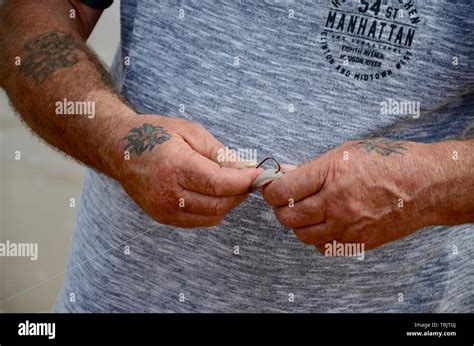 Tattooed man's hands threading a fish hook with live squid bait ...