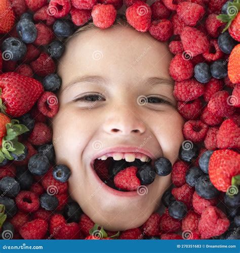 Healthy Eating. Mix of Berries. Kids Face with Fresh Berries Fruits Stock Image - Image of ...