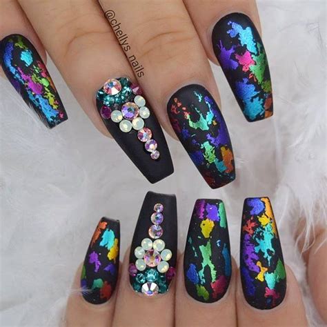 Rainbow Nails 💙💚💛💜💗💎 @nailsmagazine on Instagram: Black #foil & #bling ...